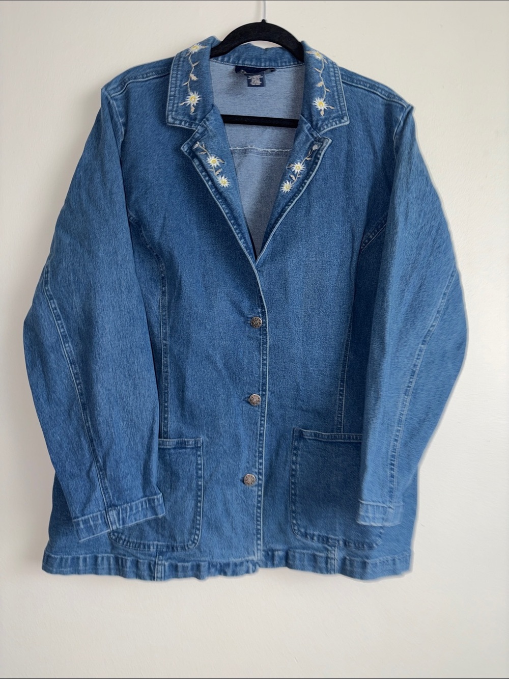 Denim Jacket with Floral Embroidered Collar